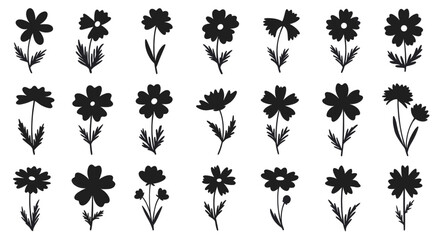 Collection of 28 black flower silhouettes.
