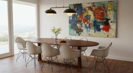 Mid-century modern dining area—oval walnut table, Eames-style chairs, and a bold abstract art piece