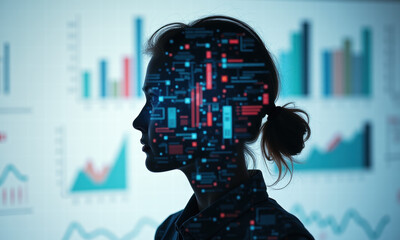 Woman's silhouette with digital data overlay against a backdrop of financial charts.