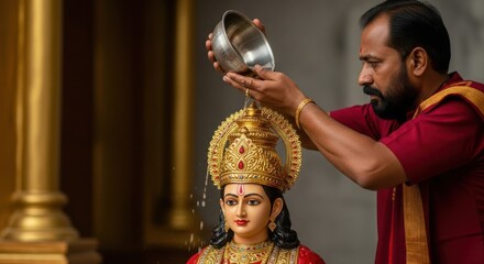 Hindu Priest Performing Ritualistic Bathing of Deity Statue with Sacred Water