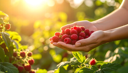 Woman Holding Ripe Red Raspberries In Her Hands Under Warm Sunlight Illuminating Lush Green Raspberry Bushes