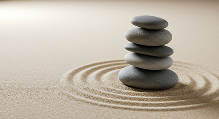 Zen Stone Stack on Sand - Achieving Balance and Harmony in a Tranquil Garden Setting