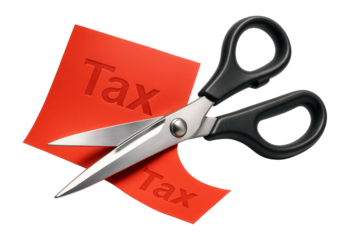 Scissors cutting red paper labeled "Tax" for financial savings and reduction.