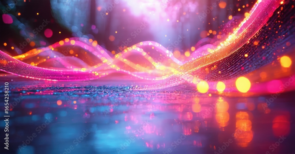 Poster vibrant abstract waves, glowing particles, dynamic light effects. deep blues, pinks create mesmerizi