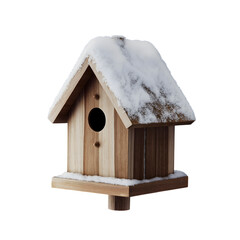  cozy birdhouse with snow on the roof in winter isolated on white background