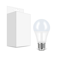 Realistic LED light bulb with isometric blank packaging box mockup vector 3d model isolated on white background, electric retail product presentation for eco-friendly lighting, electricity technology.