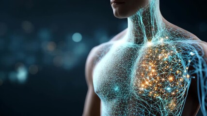 A man's chest is shown with a glowing heart and veins. Human torso overlay with glowing microbiome network and DNA strands,gut microbiome test, conceptual symbolic, sci-tech tones - Powered by Adobe
