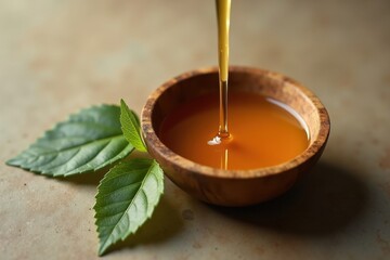 Viscous golden liquid pouring into a small wooden bowl with fresh green leaves nearby