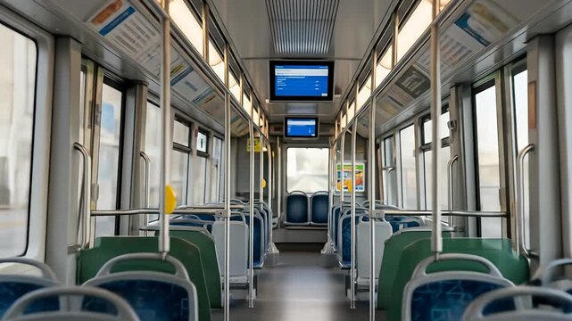Inside a modern passenger train car, showing rows of seats with monitors and handrails