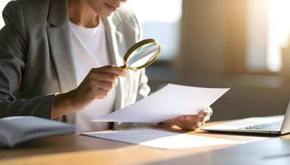 Woman In Gray Blazer Examines Document With Magnifying Glass On Wooden Desk Office Setting