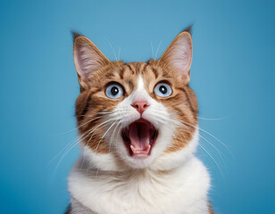 Fototapeta premium Funny Surprised Cat with Paws Up on Blue Background