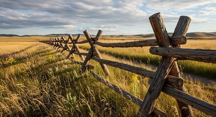 Rustic wooden fence borders a golden field under a dramatic sky