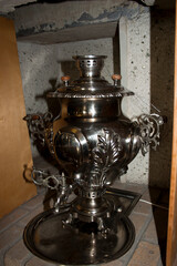 Russian samovar in the interior of the old Russian house.