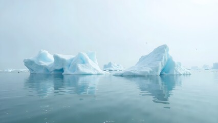 A glacier landscape with icebergs floating in blue water