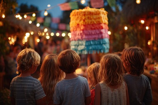 Group of children looking at a colorful pinata during an evening party with string lights and festive decorations