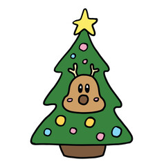 Hand drawn reindeer wearing Christmas tree costume for Christmas and New Year decoration, card print, sticker, festive winter, cute patches, shirt print, happy holidays, department store, brooch, pin