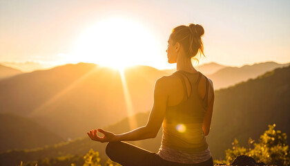 Woman In Yoga Pose Silhouetted Against Golden Sunset Over Mountain Range