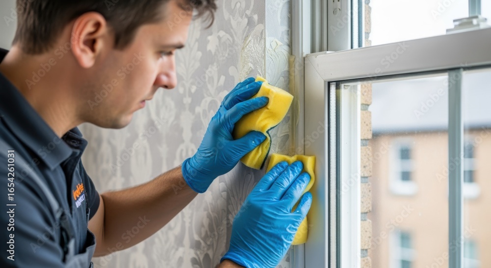 Poster wallpaper installer using a sponge to smooth moisture and remove excess glue around a window corner 