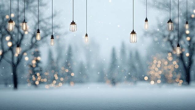 Snowy winter forest scene with hanging Edison-style lights