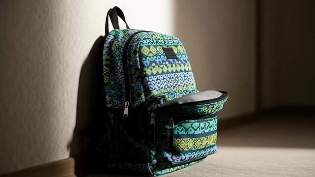 Colorful patterned backpack leans against a textured wall in softly illuminated room