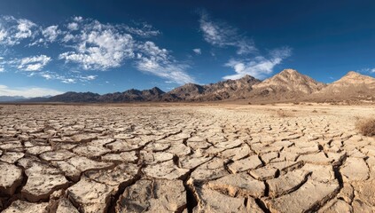 Panoramic view of a cracked, arid landscape under a partly cloudy sky