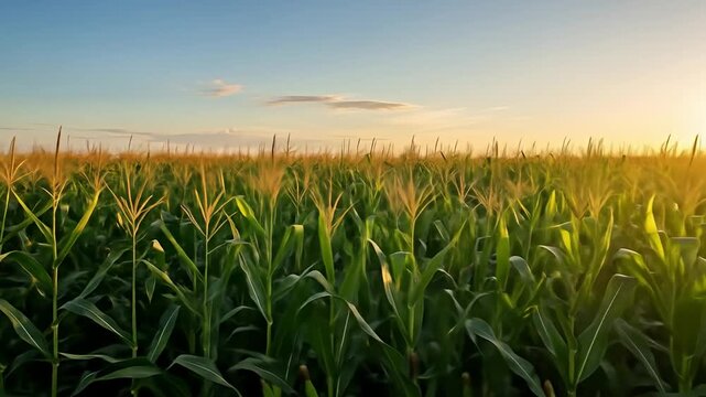 Vast green cornfield stretches towards a distant sunset under a blue and orange sky