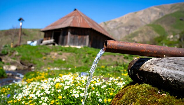 Rustic wooden structure beside a natural spring, showcasing fresh water flowing from a weathered pipe.