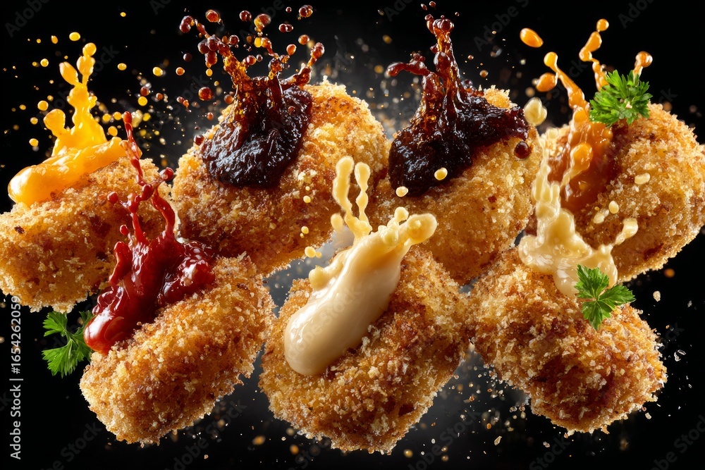 Aufkleber delicious breaded chicken nuggets with various sauces splashing against a dark background, creating 