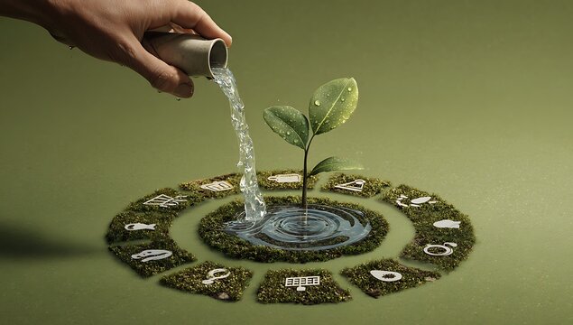 Watering a plant growing from a zodiac wheel representing growth and destiny