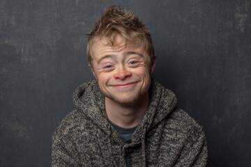Studio portrait of a cheerful young man with down syndrome expressing joy and confidence