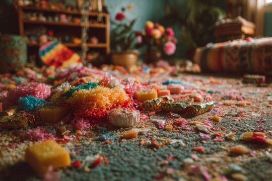 Leftover confetti, candy, and pinata debris covering carpet after a vibrant celebration - Powered by Adobe