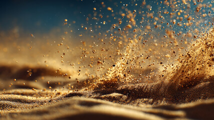 Sand splash and scattering particles close-up