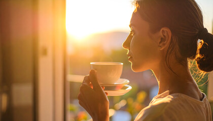 Woman Profile Enjoying Hot Drink in Morning Sunlight Near Window with Golden Glow and Silhouette