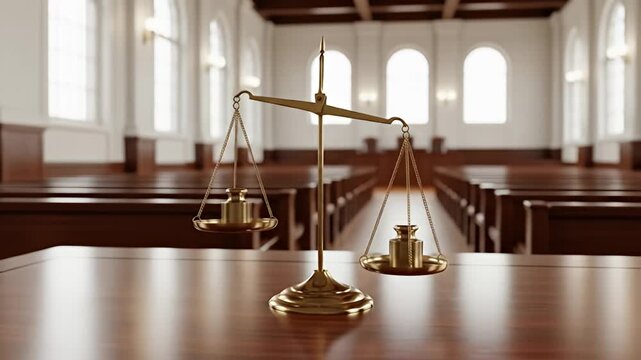 Scales of justice in courtroom. Focus on golden balance on shiny wooden desk