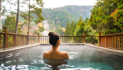 Woman Relaxing in a Hot Spring Outdoor Bath Enjoying Scenic Forest and Mountain Views