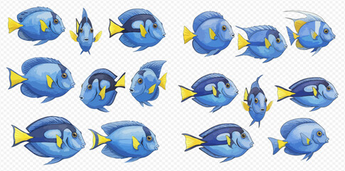 A collection of illustrated blue tang fish, a tropical reef species, shown in various swimming poses and angles.