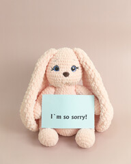 pink plush knitted bunny sitting on a beige background with flowers and with a sign I am sorry