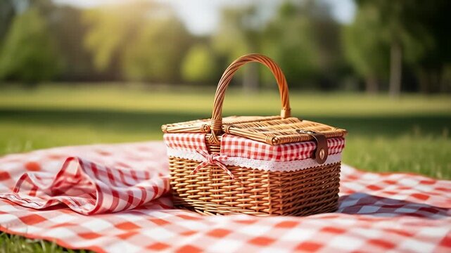 A wicker picnic basket on a red and white checkered blanket in a sunny field