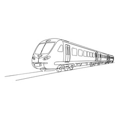 Vector line art modern train illustration in continuous line minimalist sketch, abstract transportation drawing