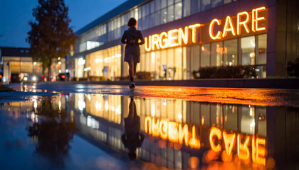 Woman Running Towards Neon Lit Urgent Care Sign Reflected in Wet Pavement At Night