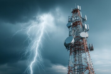 Telecommunication tower is standing tall against stormy sky with lightning, highlighting vulnerability of communication infrastructure to extreme weather events