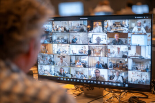 Businessman attending online meeting with many colleagues, working remotely from home or office