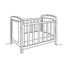 Vector line art illustration of a baby crib, minimal continuous line outline drawing symbolizing childhood, safety, care and nursery design