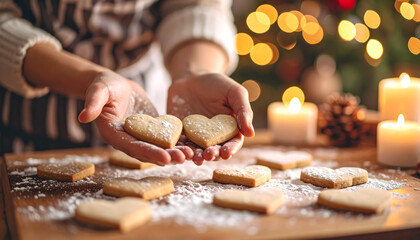 Woman's Hands Holding Heart Shaped Cookies Sprinkled With Powdered Sugar With Candles and Festive Decorations