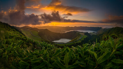 Lagoa Setes Cidades, lake in volcano in sunset light on Sao Miguel island. Beautiful landscape with...