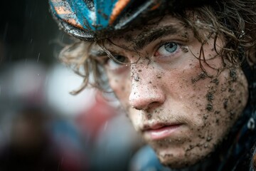 Portrait of a determined cyclist with mud covering his face, enduring a challenging race under heavy rain