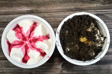 cookies biscuits and caramel,  strawberry ice cream, vanilla Ice-Cream with strawberry sauce, Ice...