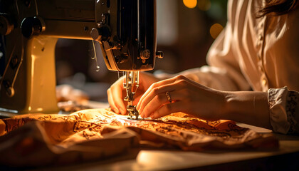 Woman Sewing With Vintage Sewing Machine Indoor Close-up Warm Lighting Detail Focus Hands Working With Fabric