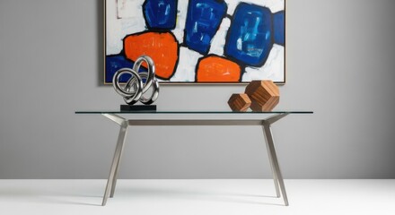 Modern glass top console table with abstract art and sculpture decor