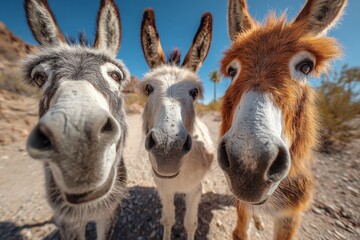 Three friendly donkeys enjoying a sunny day in the desert, posing curiously for a close-up shot